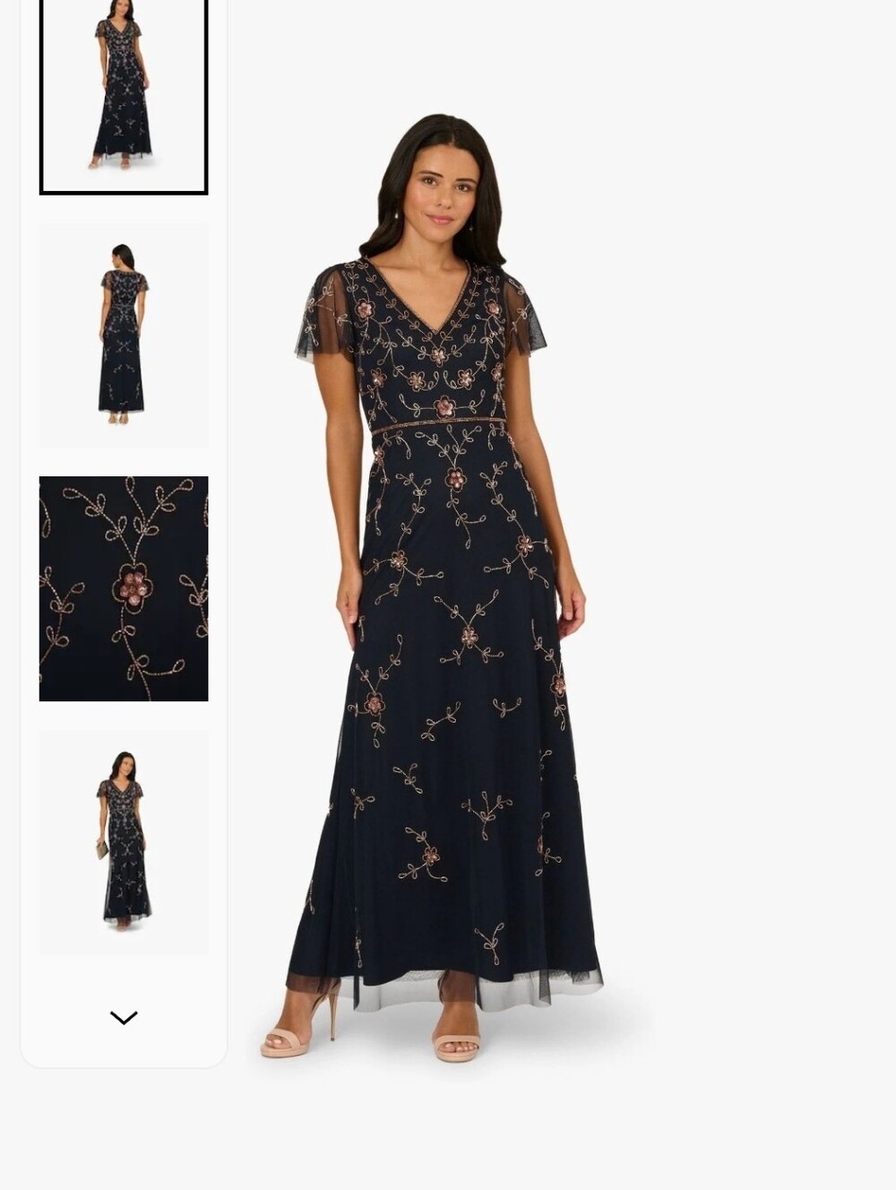 Adrianna Papell Navy Blue Studio Bead V-Neck Long Dress Evening Prom